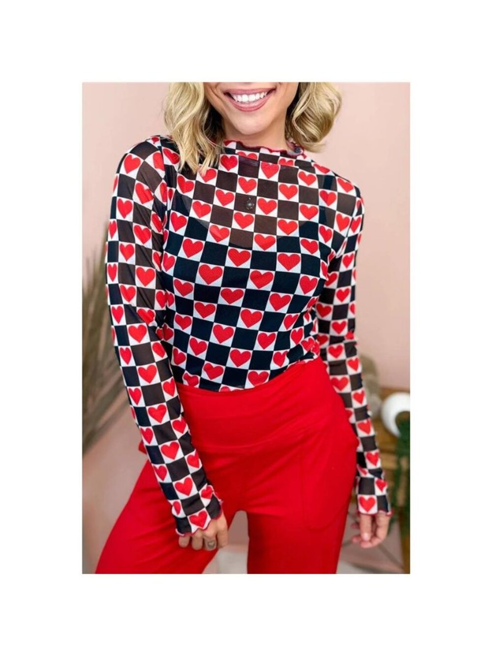 Plaid Heart Mesh Sheer Long Sleeve High Neck Top - Picture 9 of 14